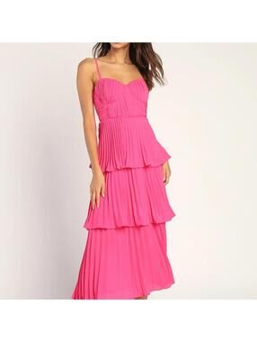 Lulus Hot Pink Pleated Tiered Spaghetti Strap Dress
